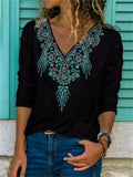 Black Casual V Neck Printed Long Sleeve Blouse
