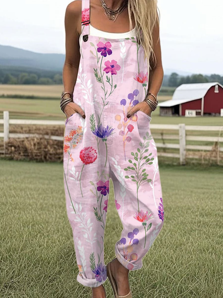 Women's Vintage Flower Art Print Casual Cotton Linen Wide Leg Jumpsuit RJ056