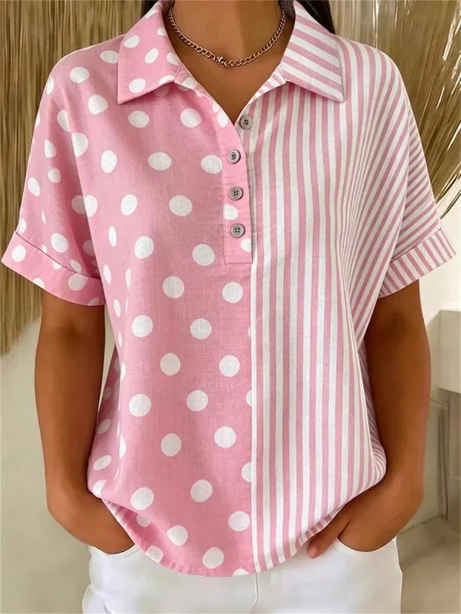 Casual Polka Dot Striped Short Sleeve Blouse