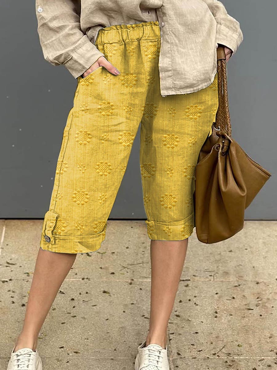 Women's Vintage Floral Pattern Art Printed Cotton And Linen Casual Pants