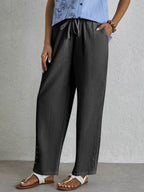 Women's Stylish Drawstring Buttoned Pocket Casual Cotton And Linen Pants