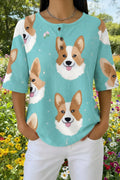 Womens Teal Corgi Face Print Casual Henley Shirt