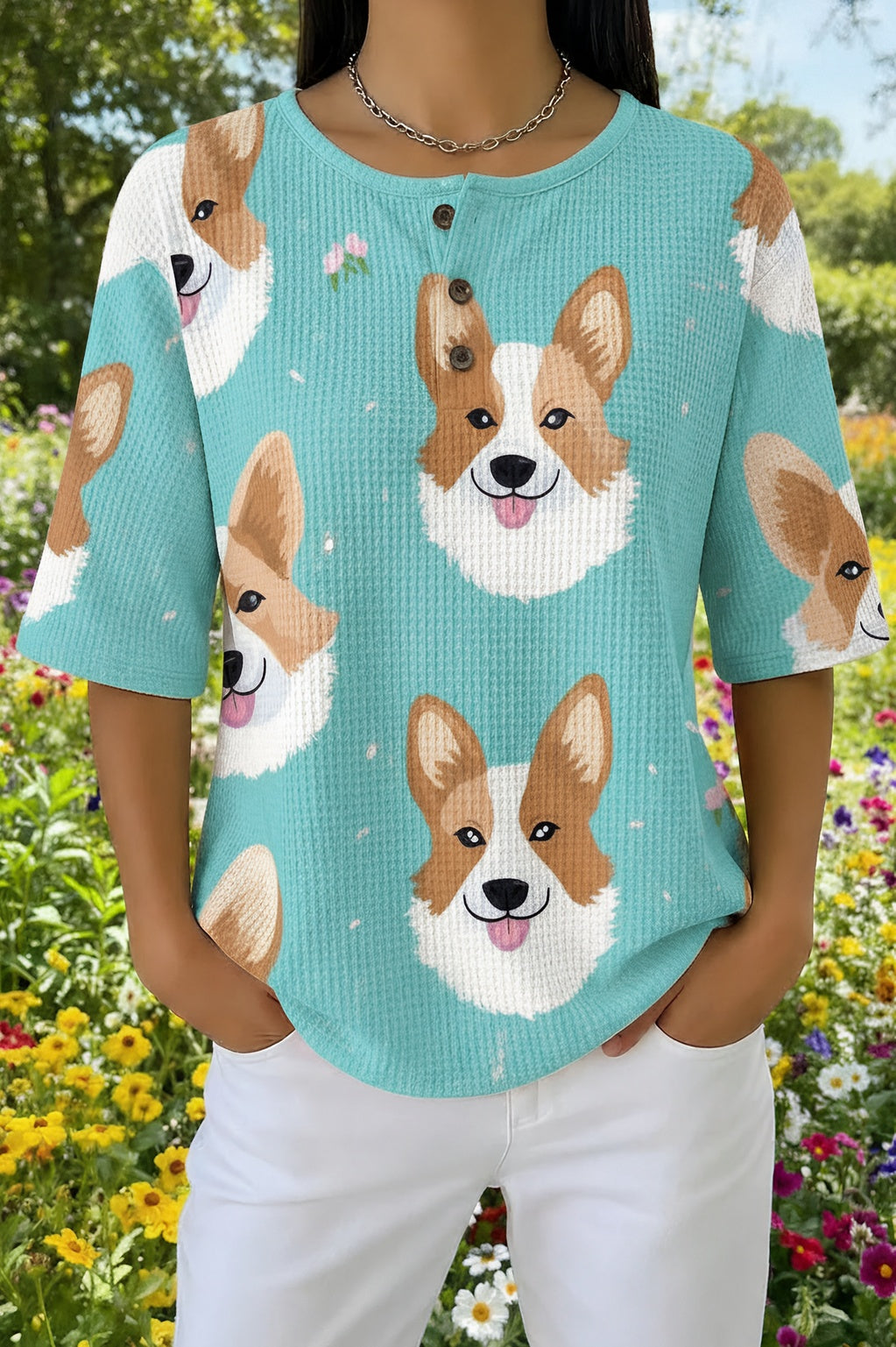 Womens Teal Corgi Face Print Casual Henley Shirt