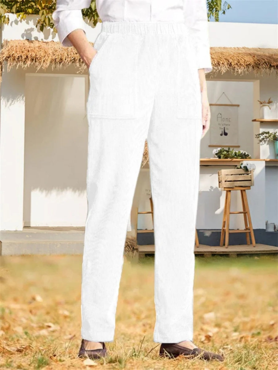 Women's Solid Color Elastic Waist Casual Corduroy Straight Leg Pants