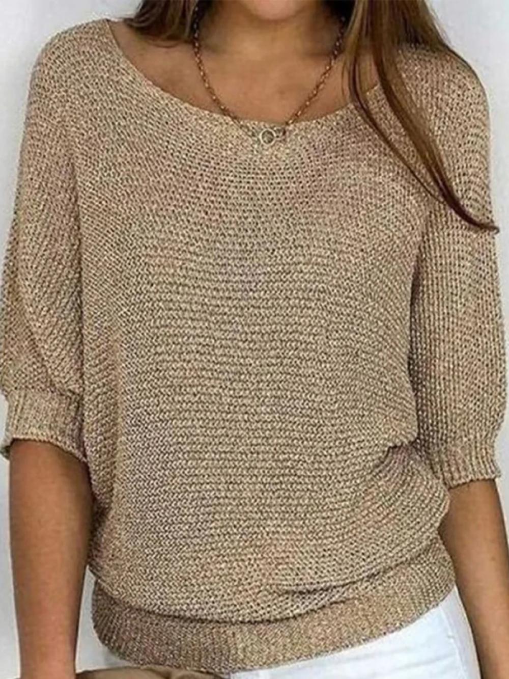 Gold Casual Round Neck Solid Half Sleeve Sweater