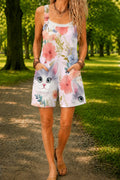 Women’s Pink Cute Cat Print Casual Cotton Wide Leg Romper