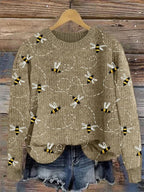 Vintage Funny Bee Art Print Round Neck Long Sleeve Pullover Sweater