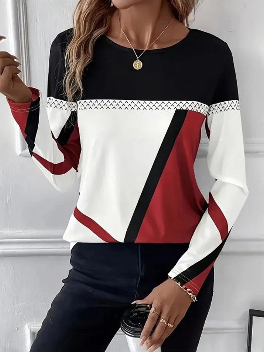 Casual Colour Block Round Neck Long Sleeve T-Shirt