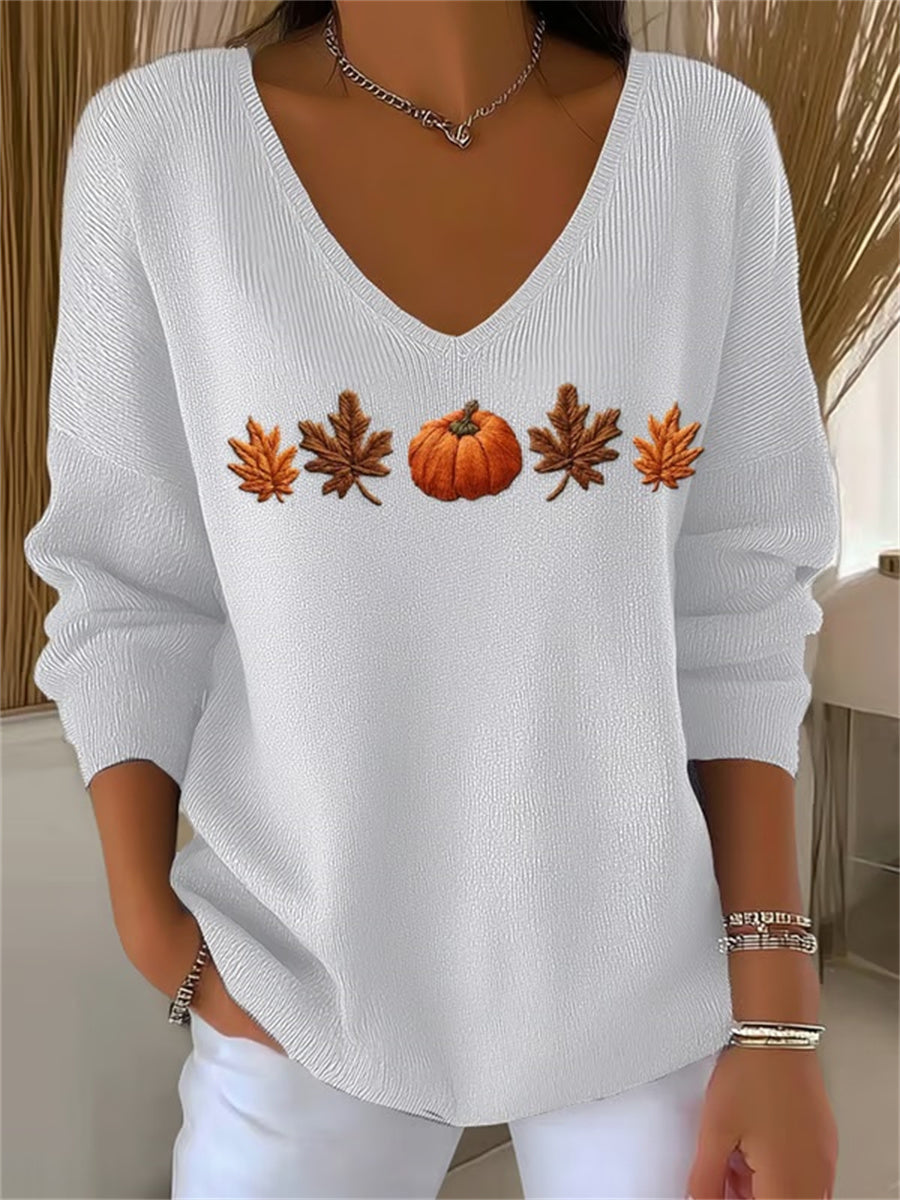 Women's Casual Autumn Maple Leaf Pumpkin Striped Long Sleeve V-Neck Top