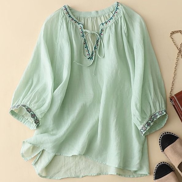 Women's Solid Embroidered V-Neck Tie-Up 3/4 Sleeves Casual Linen Top
