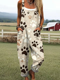 Women's Vintage Dog Paw Print Art Print Casual Cotton Linen Wide Leg Jumpsuit RJ055