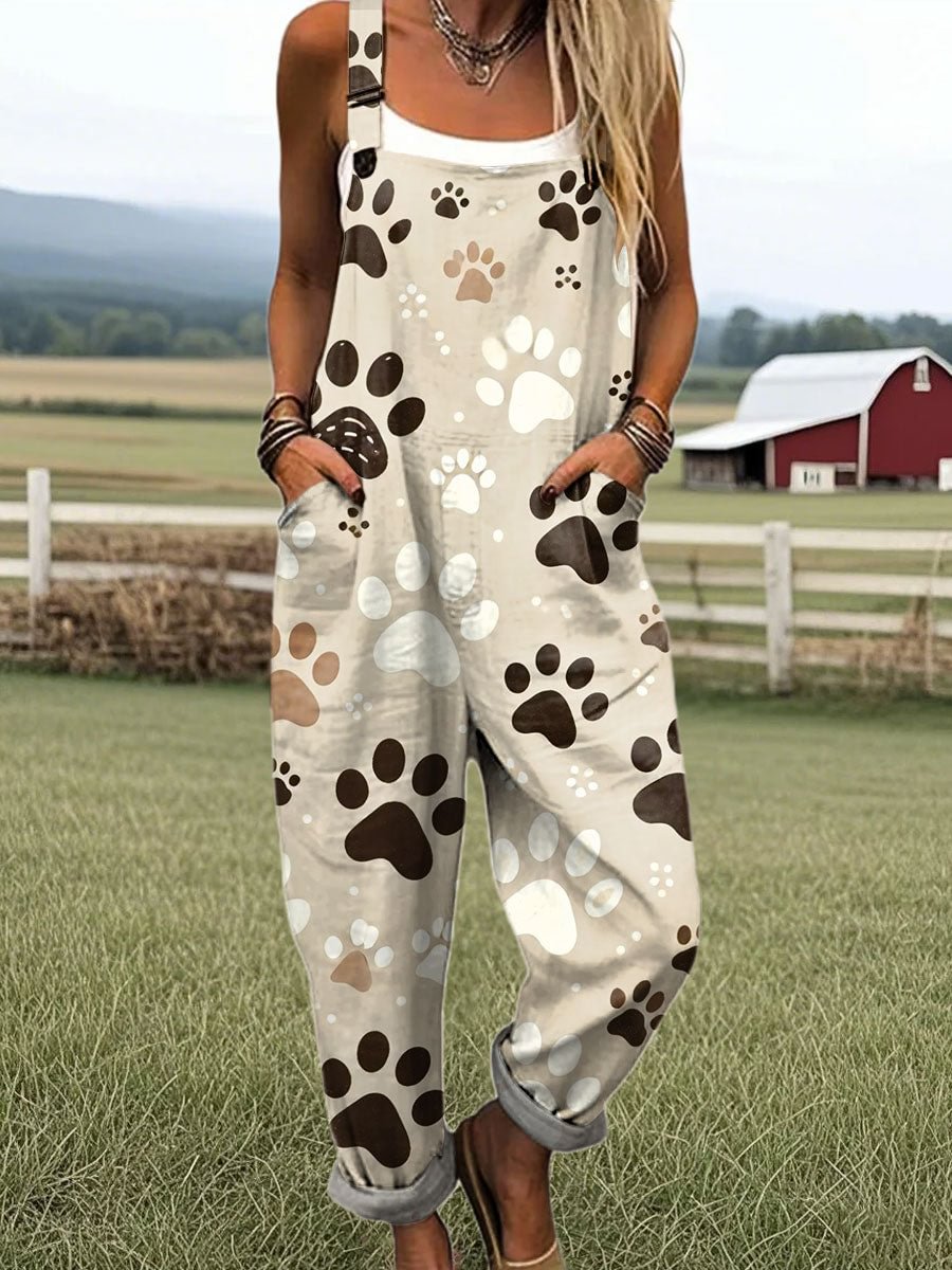 Women's Vintage Dog Paw Print Art Print Casual Cotton Linen Wide Leg Jumpsuit RJ055