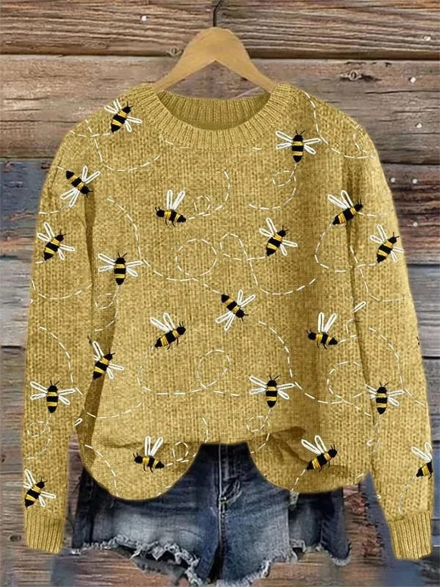 Vintage Funny Bee Art Print Round Neck Long Sleeve Pullover Sweater