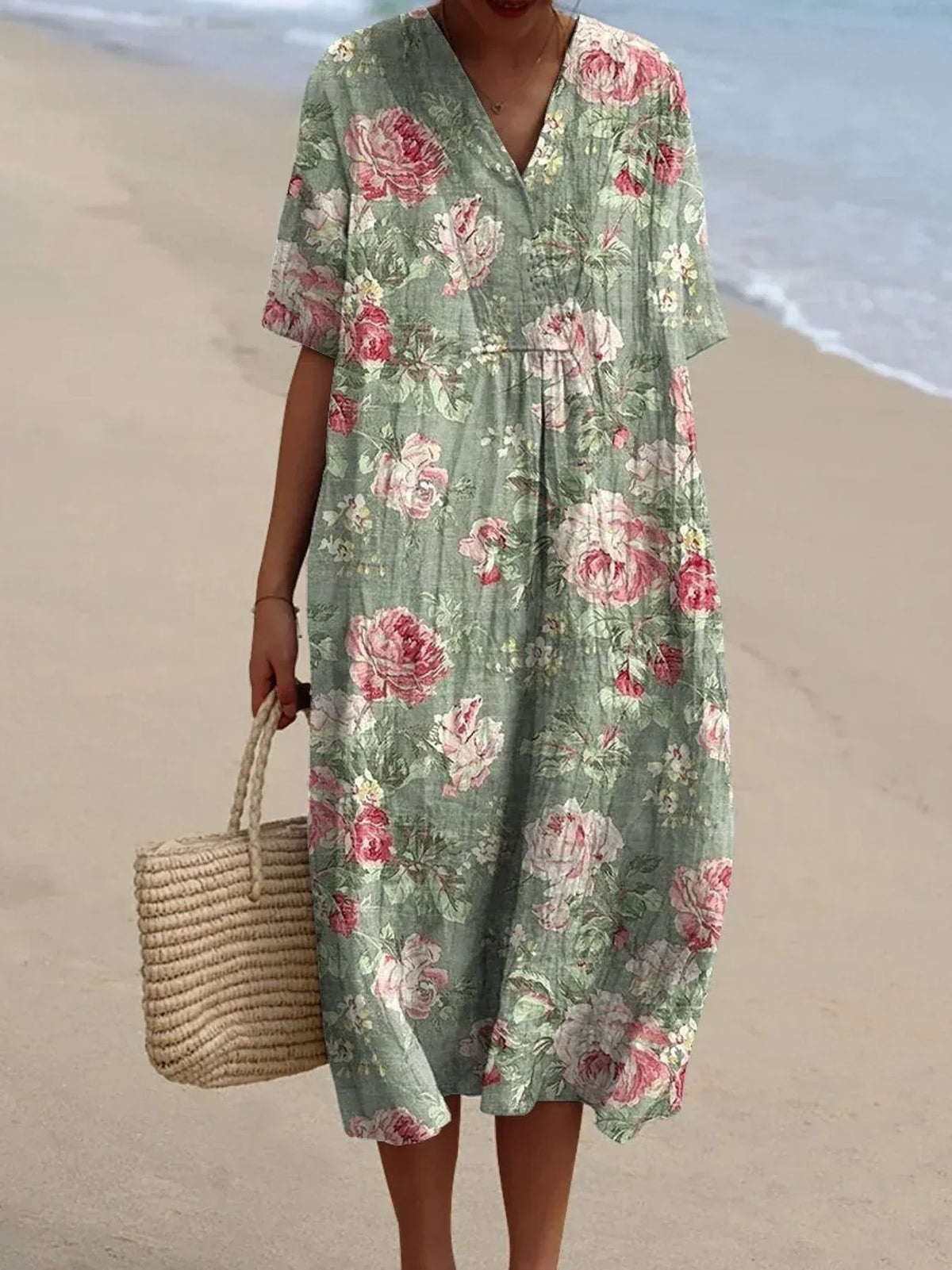 Vintage Romantic Rose Pattern Printed Women's Flowy Dress RD024