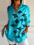 Women's Vintage Manta Rays Art Print Casual Cotton Shirt RB169