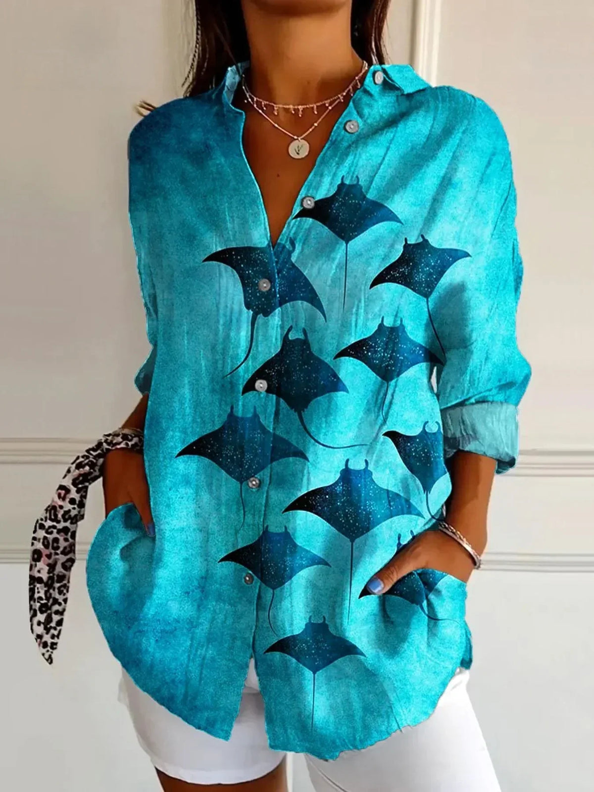 Women's Vintage Manta Rays Art Print Casual Cotton Shirt RB169