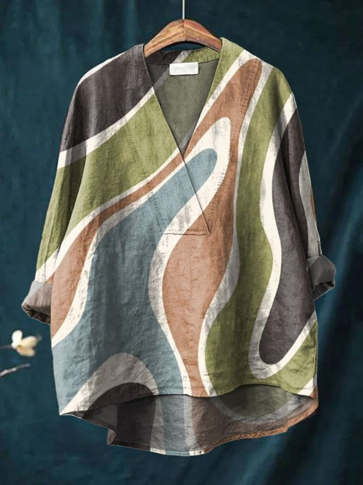 Women's Ripple Print Casual Cotton And Linen V-neck Shirt