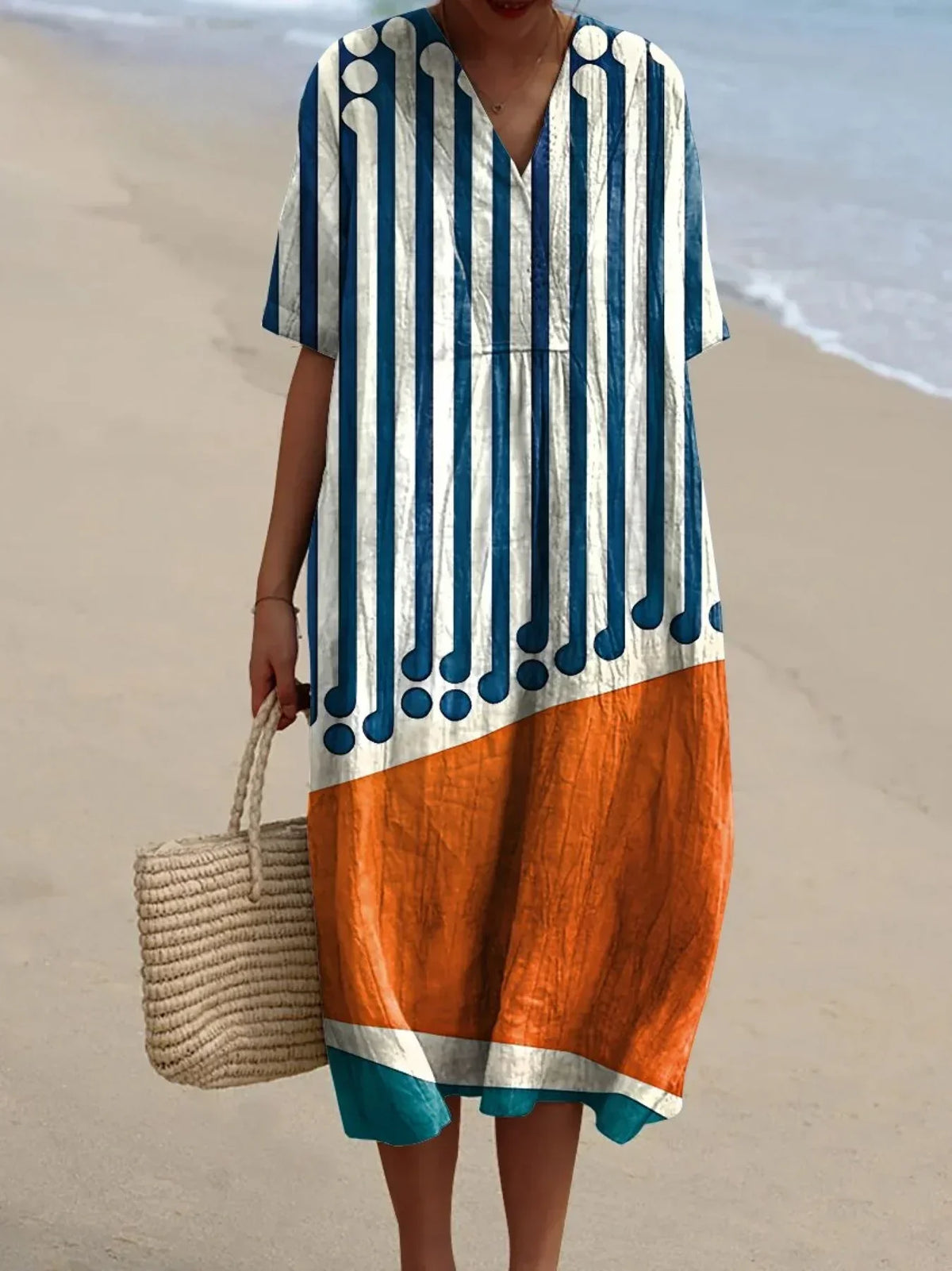 Women's Striped Color-blocking Watercolor Splash Fluid Art Print Flowy Dress RD017