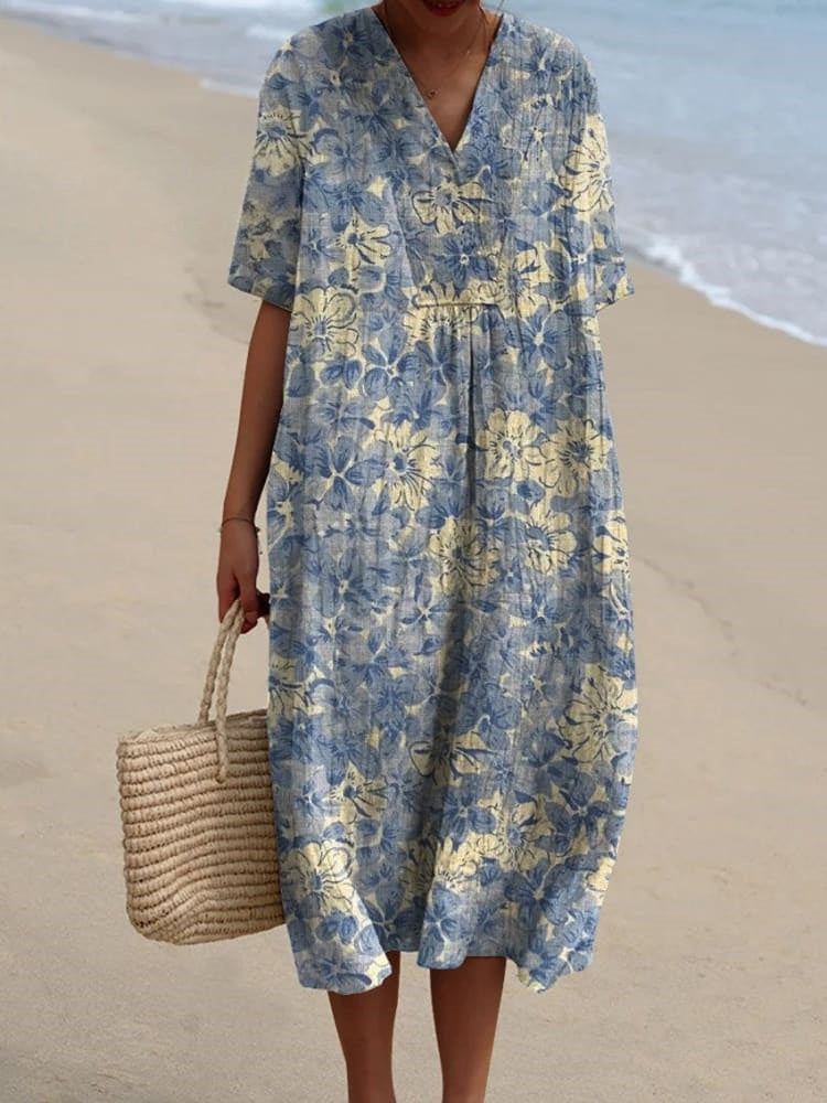 Women's Retro Floral Art Print Casual Flowy Dress RD025
