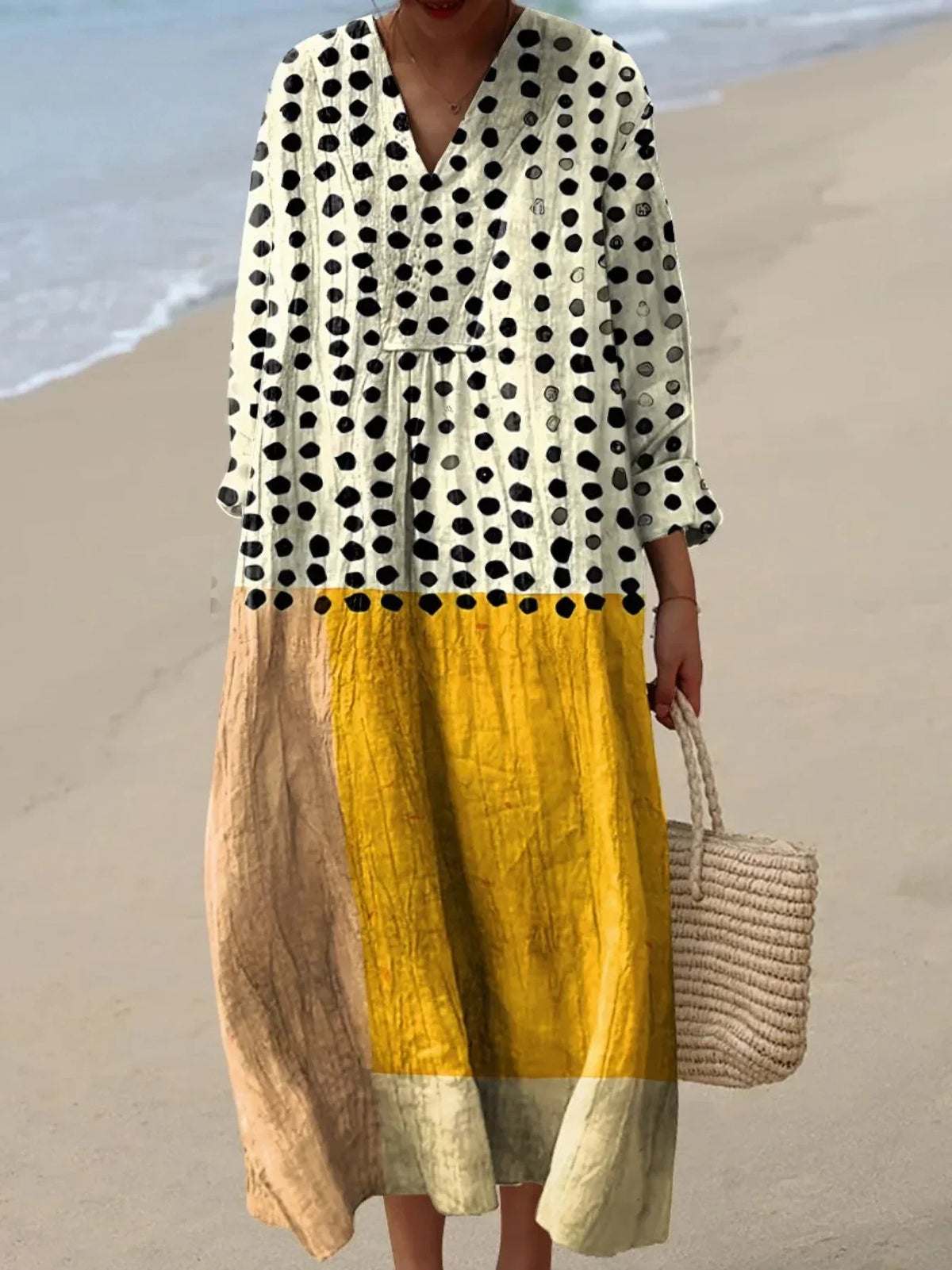 Women's Yellow Color-blocked Dots Art Watercolor Splash Fluid Art Print Flowy Dress RD034