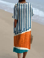 Women's Striped Color-blocking Watercolor Splash Fluid Art Print Flowy Dress RD017