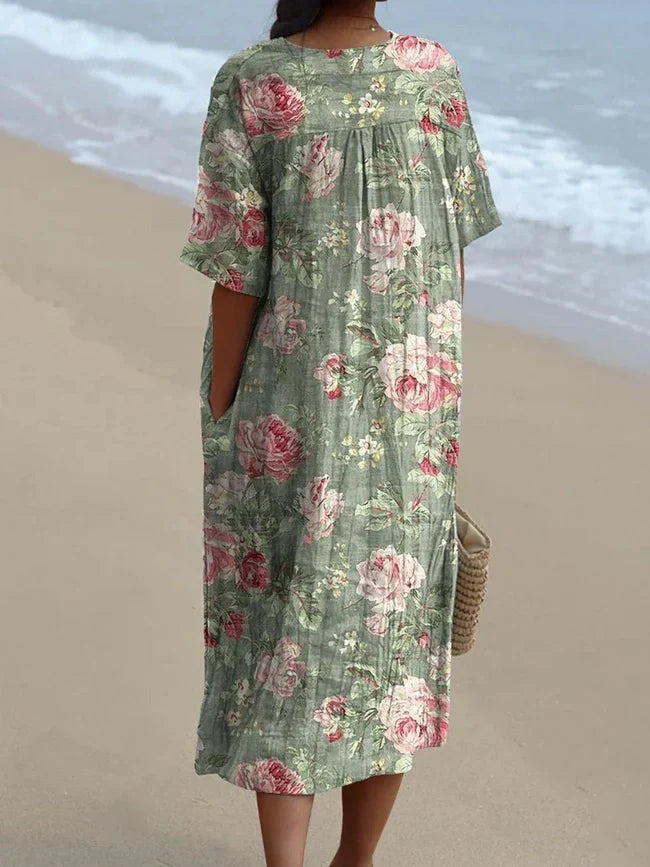 Vintage Romantic Rose Pattern Printed Women's Flowy Dress RD024