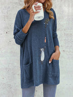 Cartoon Cat Print Pockets Long Sleeve Loose Blouse
