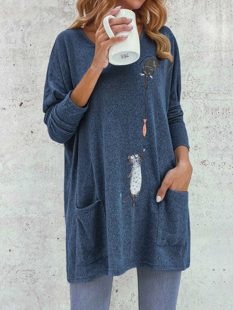 Cartoon Cat Print Pockets Long Sleeve Loose Blouse