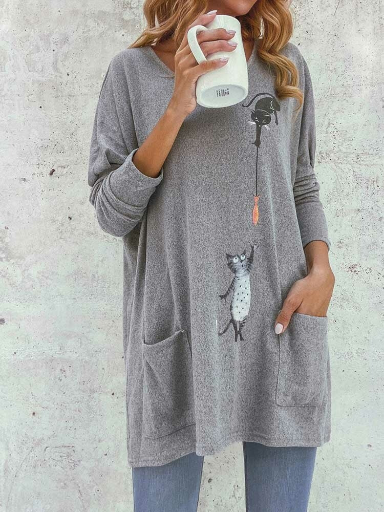 Cartoon Cat Print Pockets Long Sleeve Loose Blouse