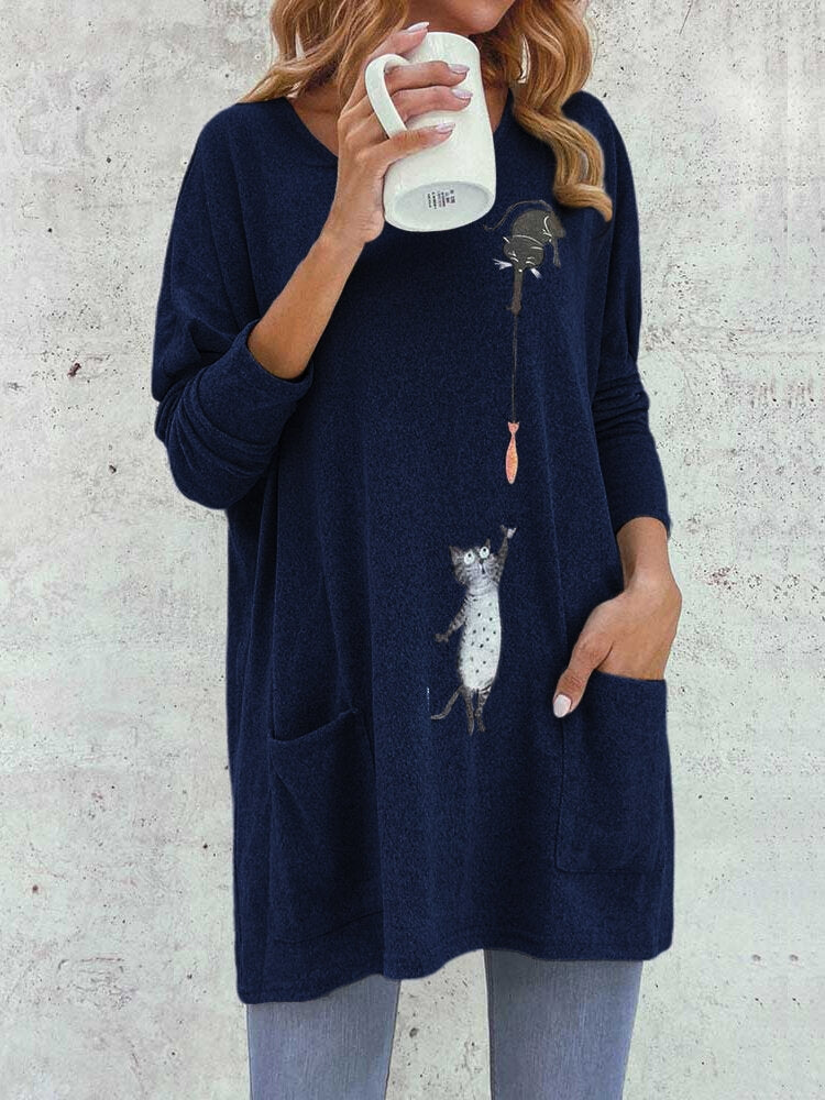 Cartoon Cat Print Pockets Long Sleeve Loose Blouse