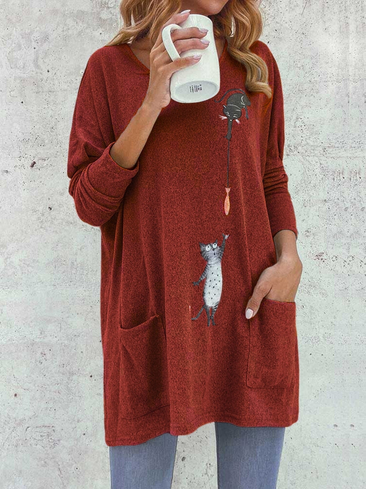 Cartoon Cat Print Pockets Long Sleeve Loose Blouse