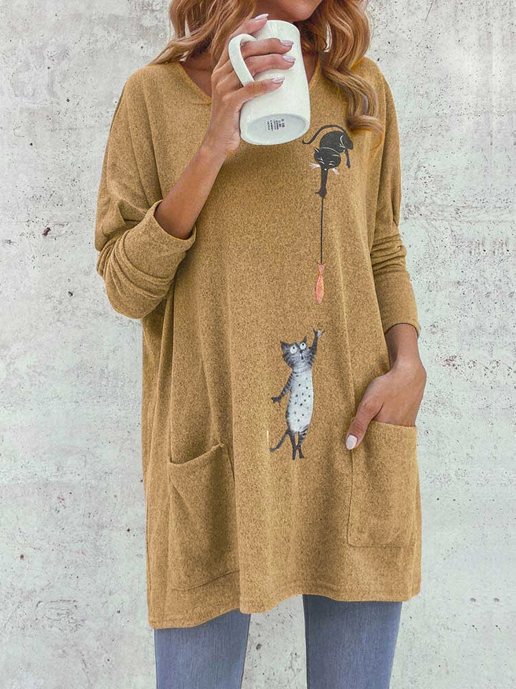 Cartoon Cat Print Pockets Long Sleeve Loose Blouse